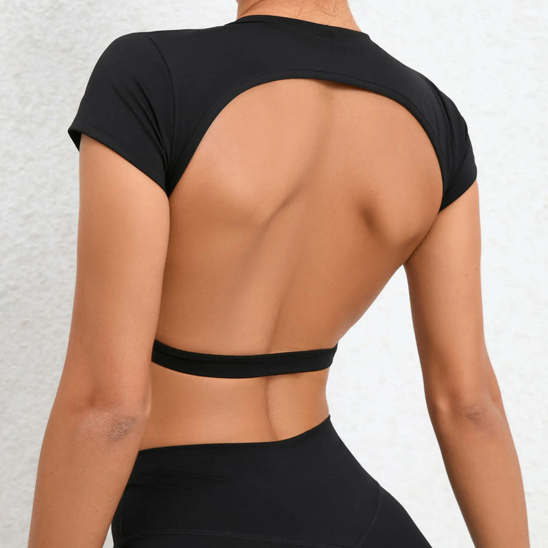 Women's Breathable Sports Crop Top – Backless Workout Shirt for Yoga, Fitness, and Gym