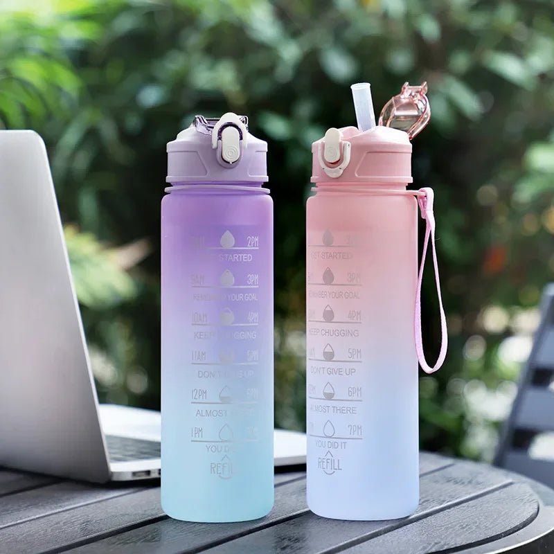 Gradient Color Sports Water Bottle with Straw & Scale – Stylish, Durable Space Cup with Carry Rope for Gym, School & Outdoors